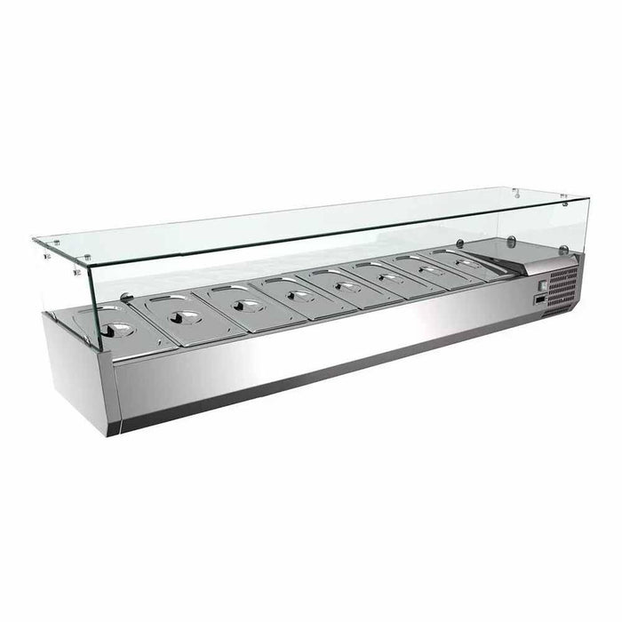 VITRINA REFRIGERADA PARA ENSALADAS Y PIZZAS SOBRE MESA DE 180 CM DE FRENTE