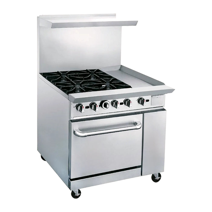 ESTUFA COMERCIAL A GAS DE 4 QUEMADORES, PLANCHA Y HORNO CON RESPALDO