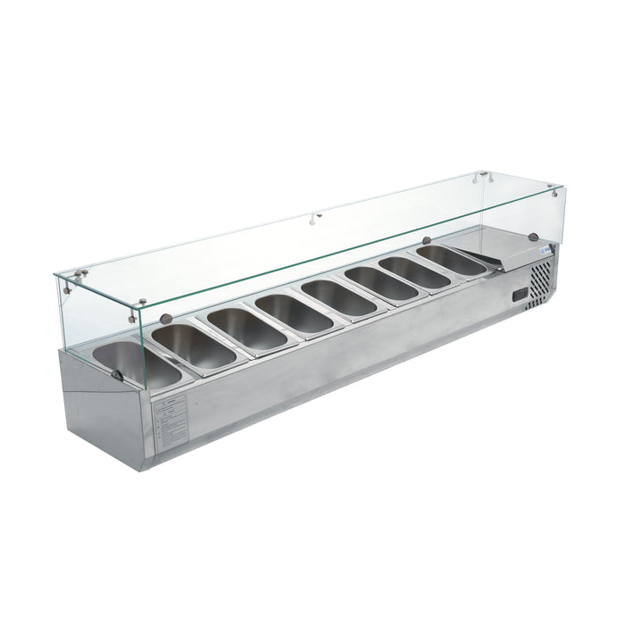 VITRINA REFRIGERADA PARA ENSALADAS Y PIZZAS SOBRE MESA DE 180 CM DE FRENTE